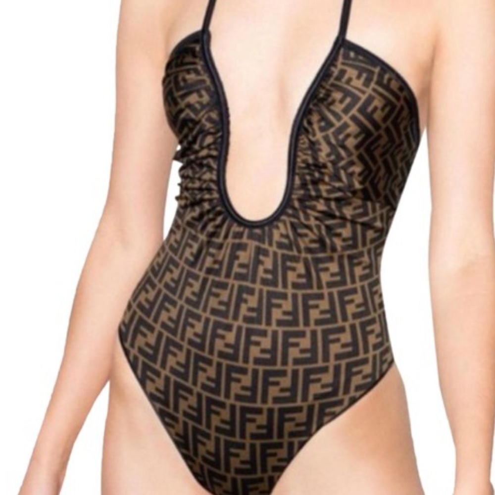 Ff Logo Reversible Plunging Swimsuit One-piece Bathing Suit AUTH